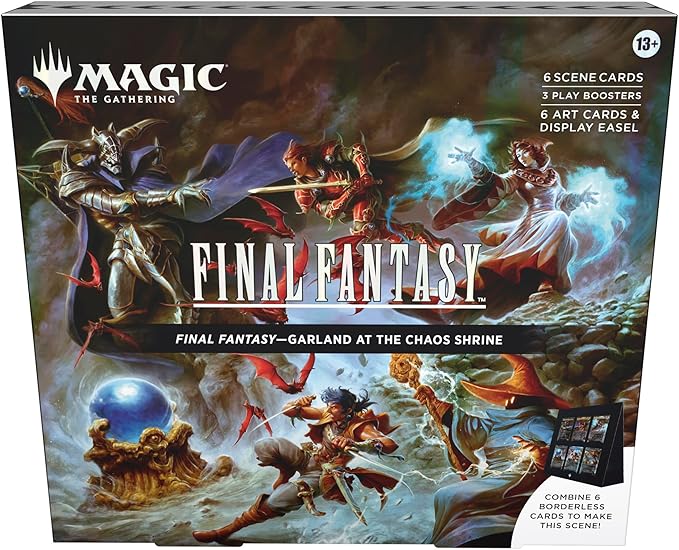 Magic: The Gathering - Final Fantasy Scene Box - Garland at The Chaos Shrine | 6 Foil Borderless Scene Cards, 6 Art Cards, 3 Play Boosters + 1 Display Easel