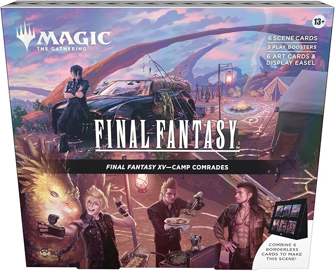 Magic: The Gathering - Final Fantasy XV Scene Box - Camp Comrades | 6 Foil Borderless Scene Cards, 6 Art Cards, 3 Play Boosters + 1 Display Easel