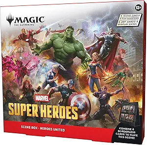 Magic: The Gathering | Marvel Super Heroes Scene Box - Heroes United | 6 Foil Borderless Scene Cards, 6 Art Cards, 3 Play Boosters + Display Easel