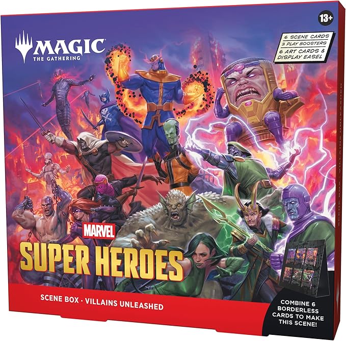 Magic: The Gathering | Marvel Super Heroes Scene Box - Villains Unleashed | 6 Foil Borderless Scene Cards, 6 Art Cards, 3 Play Boosters + Display Easel