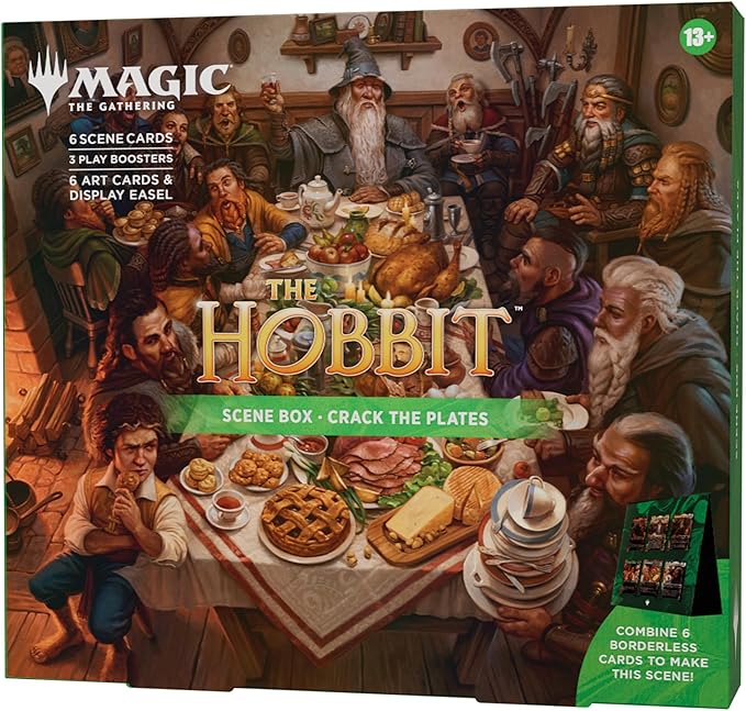 Magic: The Gathering | The Hobbit Scene Box - Crack the Plates| 6 Foil Borderless Scene Cards, 6 Art Cards, 3 Play Boosters + Display Easel